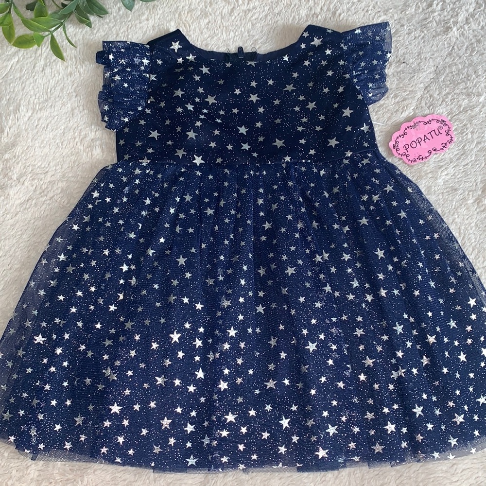 NWT Popatu Navy Blue Silver Stars Dress 12M Tulle Overlay - Picture 2 of 12